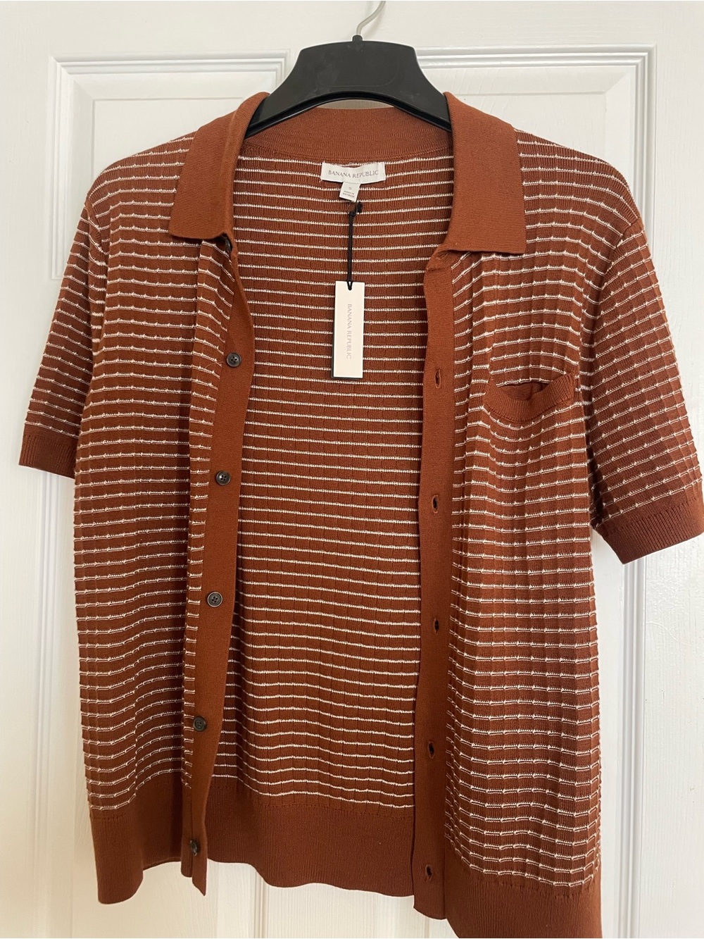Banana Republic Men's Rust and White Striped Short-Sleeve Knit Shirt